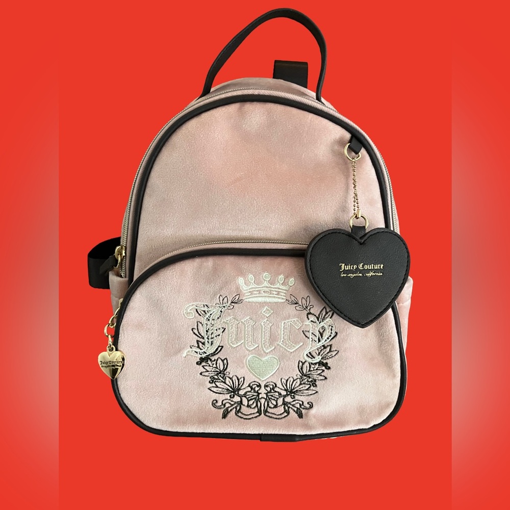 NWOT JUICY COUTURE DUSTY PINK BLUSH HERITAGE VELOUR BACKPACK W CHOCOLATE TRIM